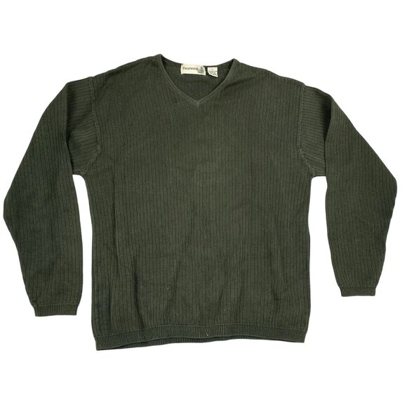 Fieldmaster Men's V-Neck Sweater L Green Ribbed Knit 100% Cotton - Picture 1 of 7
